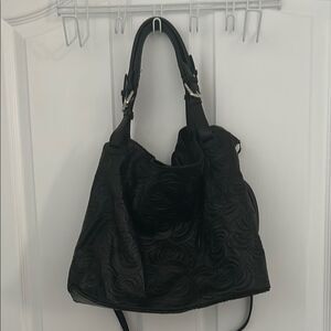Genuine Leather Floral Embossed Slouchy‎ Handbag Crossbody Black